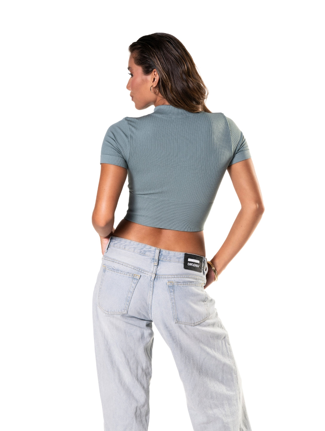 Seamless Ribbed Zip-Front Short Sleeve Crop Top